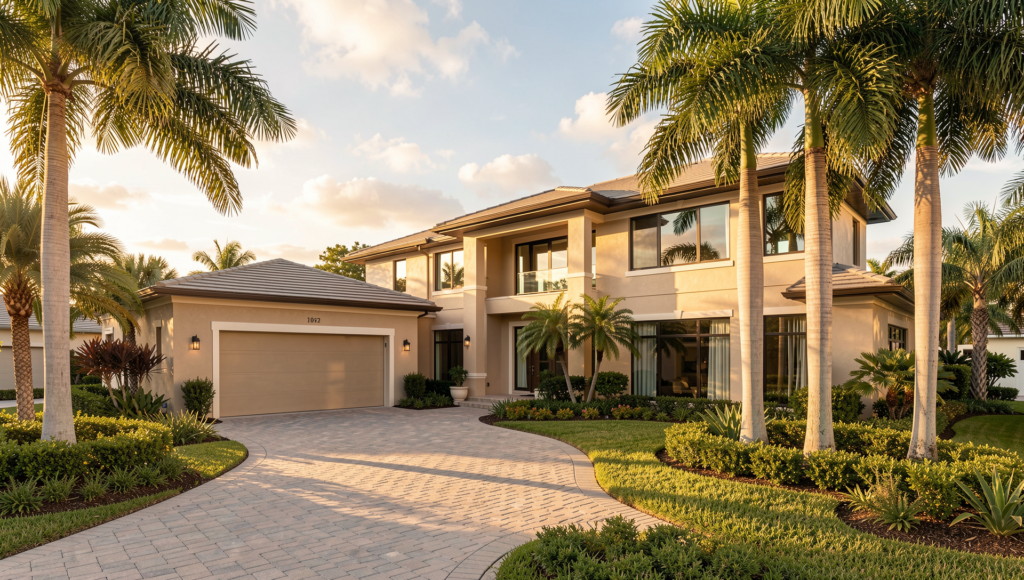 Luxury home exterior in Boca Raton Florida at sunset