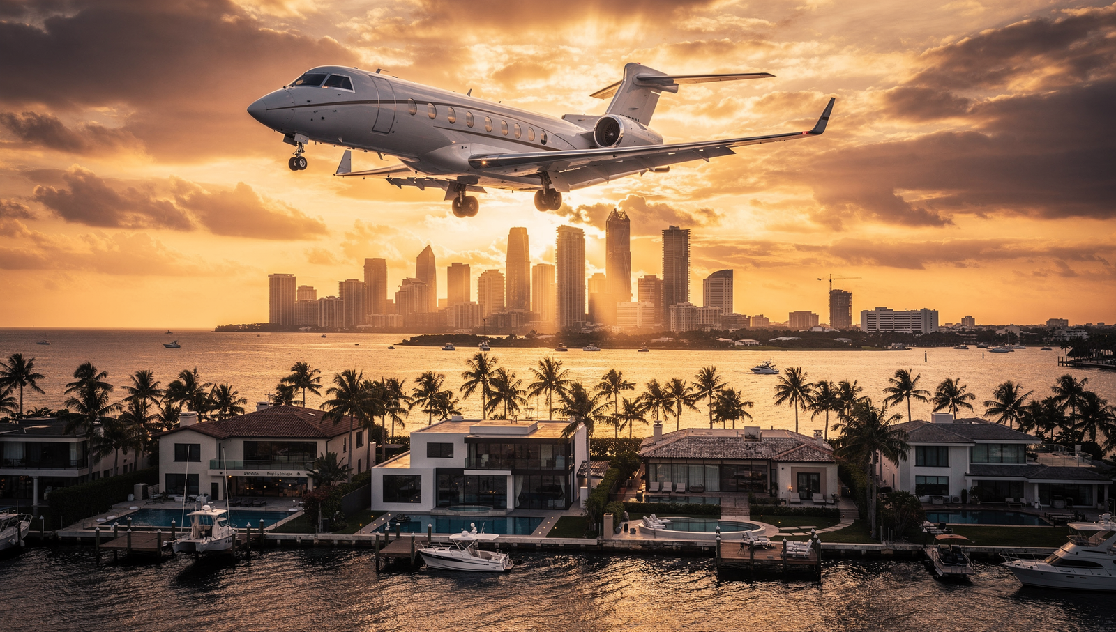 A private jet landing at sunset in South Florida with the Miami skyline and palm trees in the distance, luxury waterfront estates below, warm golden tones, dramatic cinematic lighting, ultra-realistic, aspirational lifestyle imagery, symbolizing wealth relocating to Florida, high-end editorial real estate styl