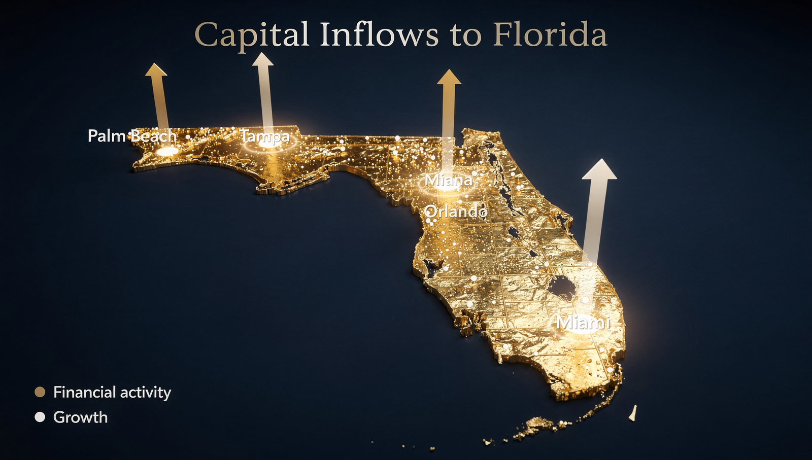 A modern, sleek 3D map of Florida glowing with golden light clusters over Miami, Palm Beach, Naples, Tampa, and Orlando, subtle animated-style upward arrows showing capital inflow, dark navy background for contrast, luxury financial infographic aesthetic, dramatic lighting, high contrast, ultra-detailed, 16:9 aspect ratio