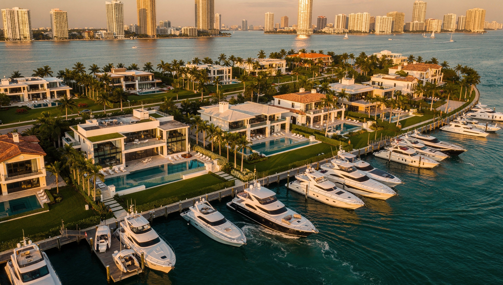 A cinematic aerial view of ultra-luxury waterfront mansions in Palm Beach and Miami Beach at golden hour, private docks filled with yachts, glowing skyline in the background, crystal-clear turquoise water, dramatic sunlight reflecting off glass estates, subtle motion blur suggesting growth and movement, ultra-realistic, high detail, luxury real estate photography