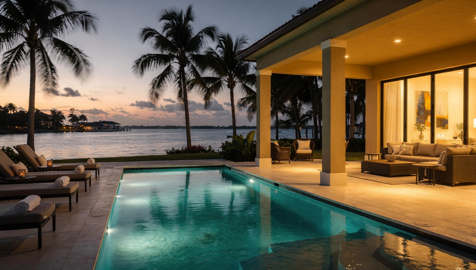 Palm Beach Gardens waterfront home with private dock at sunset