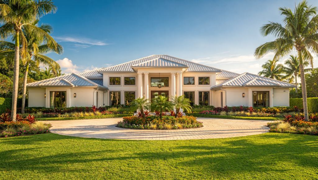 Luxury backyard pool and patio at a Palm Beach Gardens Florida home