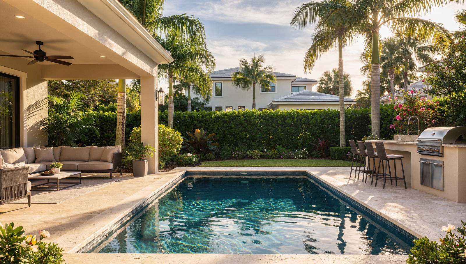 Luxury backyard pool and patio at a Palm Beach Gardens Florida home