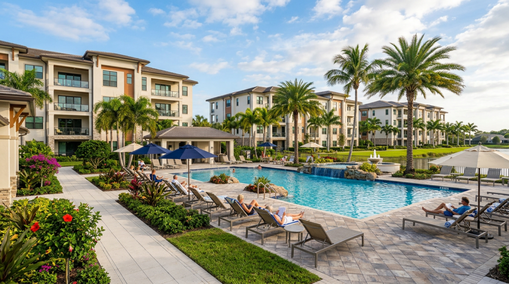 Palm Beach Gardens 55 plus community with pool and condos